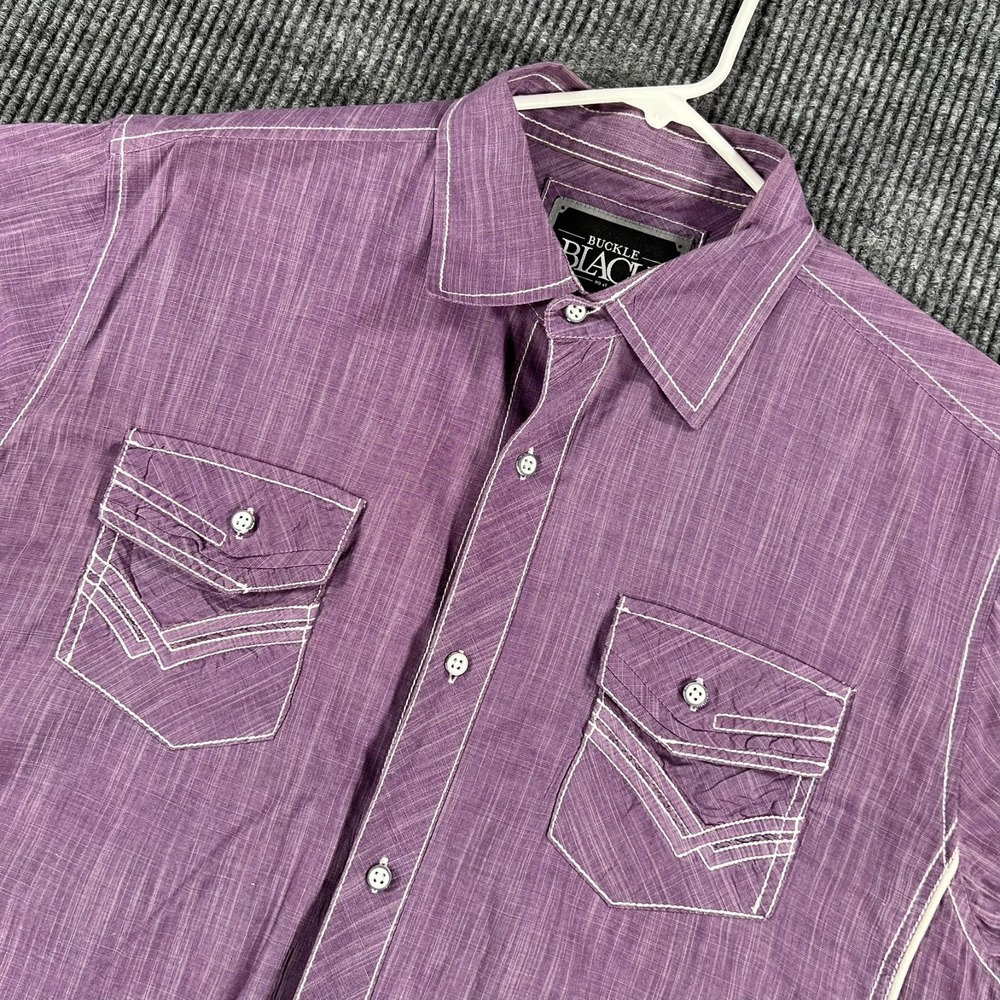 Buckle Black Shirt Mens XL Extra Large Purple Short Sleeve Pearl Snap Pockets